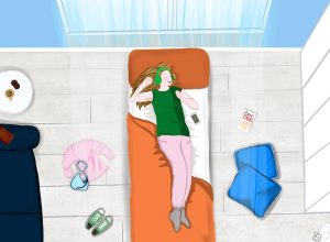 Illustration of young woman relaxing on bed