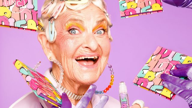 Baddie Winkle posing with her new makeup collection