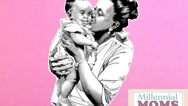 Illustration of a Black mom and her baby on a pink bakckground