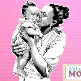 Illustration of a Black mom and her baby on a pink bakckground