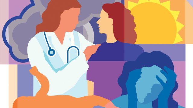 Collage of a sun, clouds, a doctor talking to patient, a newborn baby and a woman holding her head