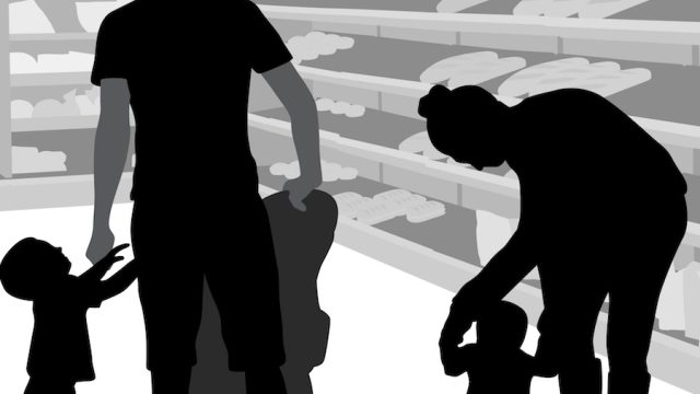 Illustration of adult daughter, grandfather, and two kids at a store