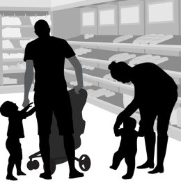 Illustration of adult daughter, grandfather, and two kids at a store