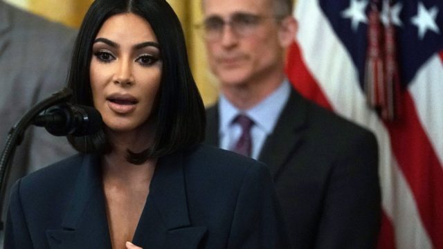 Kim Kardashian speaking at the White House.