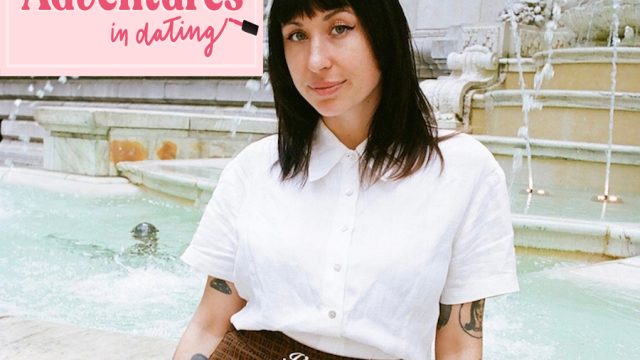 Shelby Sells posed in front of fountain with 'Adventures in Dating' logo by her face
