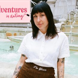 Shelby Sells posed in front of fountain with 'Adventures in Dating' logo by her face