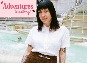 Shelby Sells posed in front of fountain with 'Adventures in Dating' logo by her face