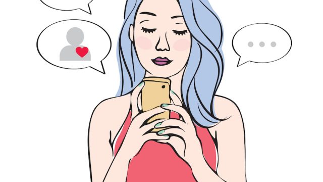Illustration of woman texting, surrounded by text bubbles