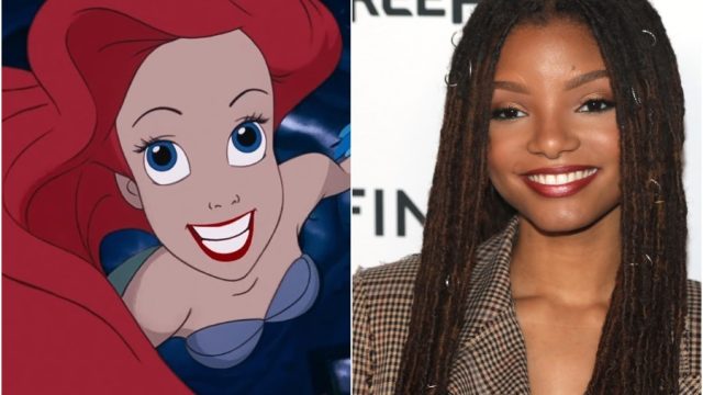 Halle Bailey in split screen with Ariel from The Little Mermaid