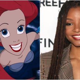 Halle Bailey in split screen with Ariel from The Little Mermaid