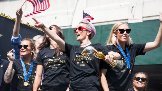 The U.S. women's soccer team participating in a parade in New York City.