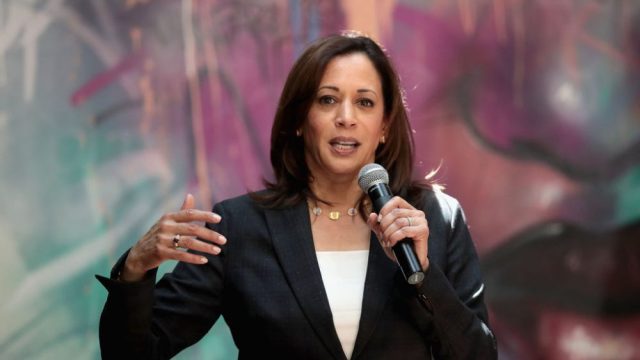 Kamala Harris speaking at a campaign rally.