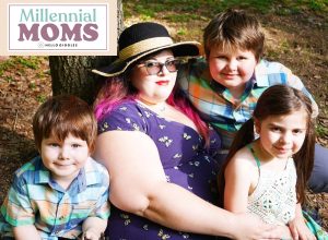 Author and her kids next to Millennial Moms logo