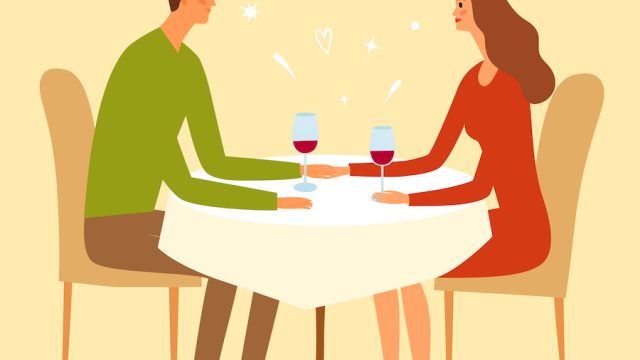 Illustration of a couple seated at a dinner table