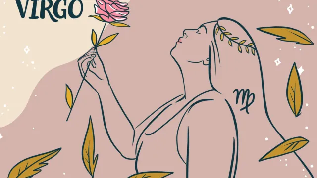 Illustration of Virgo woman holding a rose surrounded by leaves