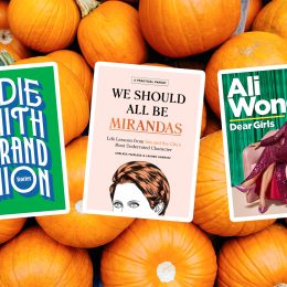Three book covers against pumpkins
