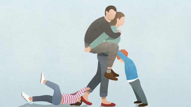 Illustration of mother carrying her husband on her back while caring for son and daughter