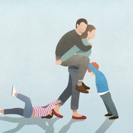 Illustration of mother carrying her husband on her back while caring for son and daughter
