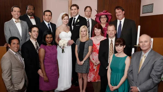 the cast of the office at jim and pam's wedding
