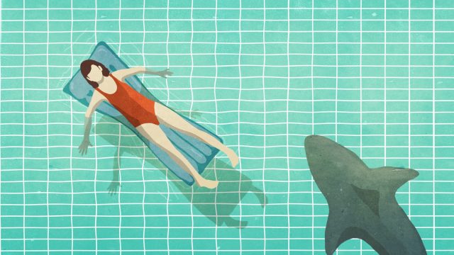 illustration of shark swimming near woman