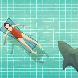 illustration of shark swimming near woman