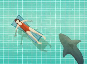 illustration of shark swimming near woman