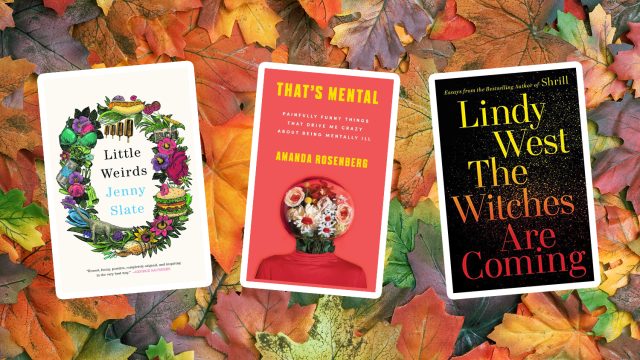 3 book covers against a pile of leaves
