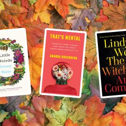 3 book covers against a pile of leaves