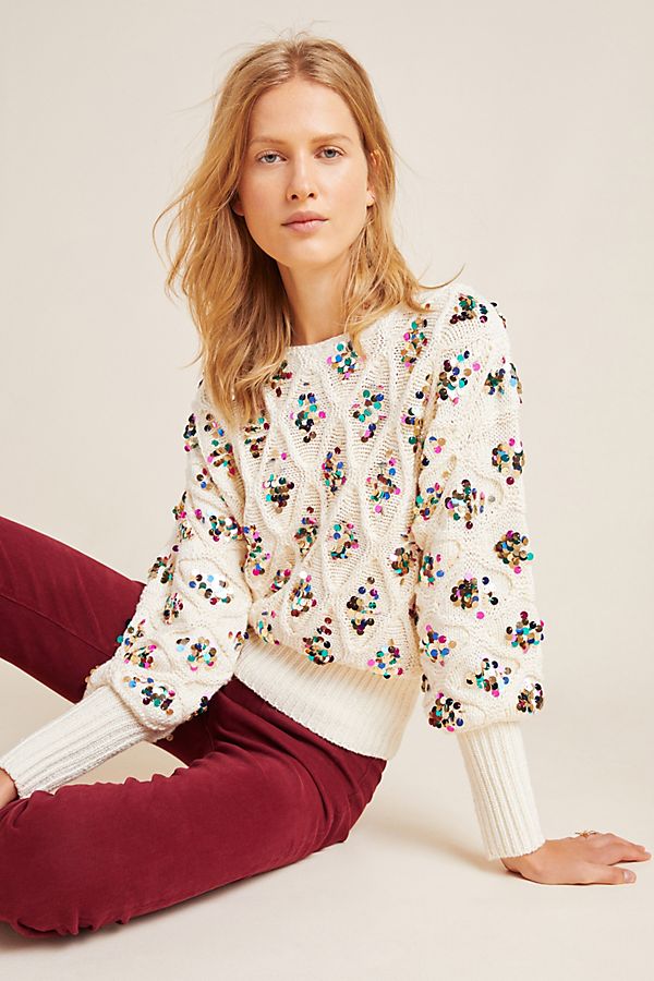 anthropologie white sweater mulitcolored sequins for holiday