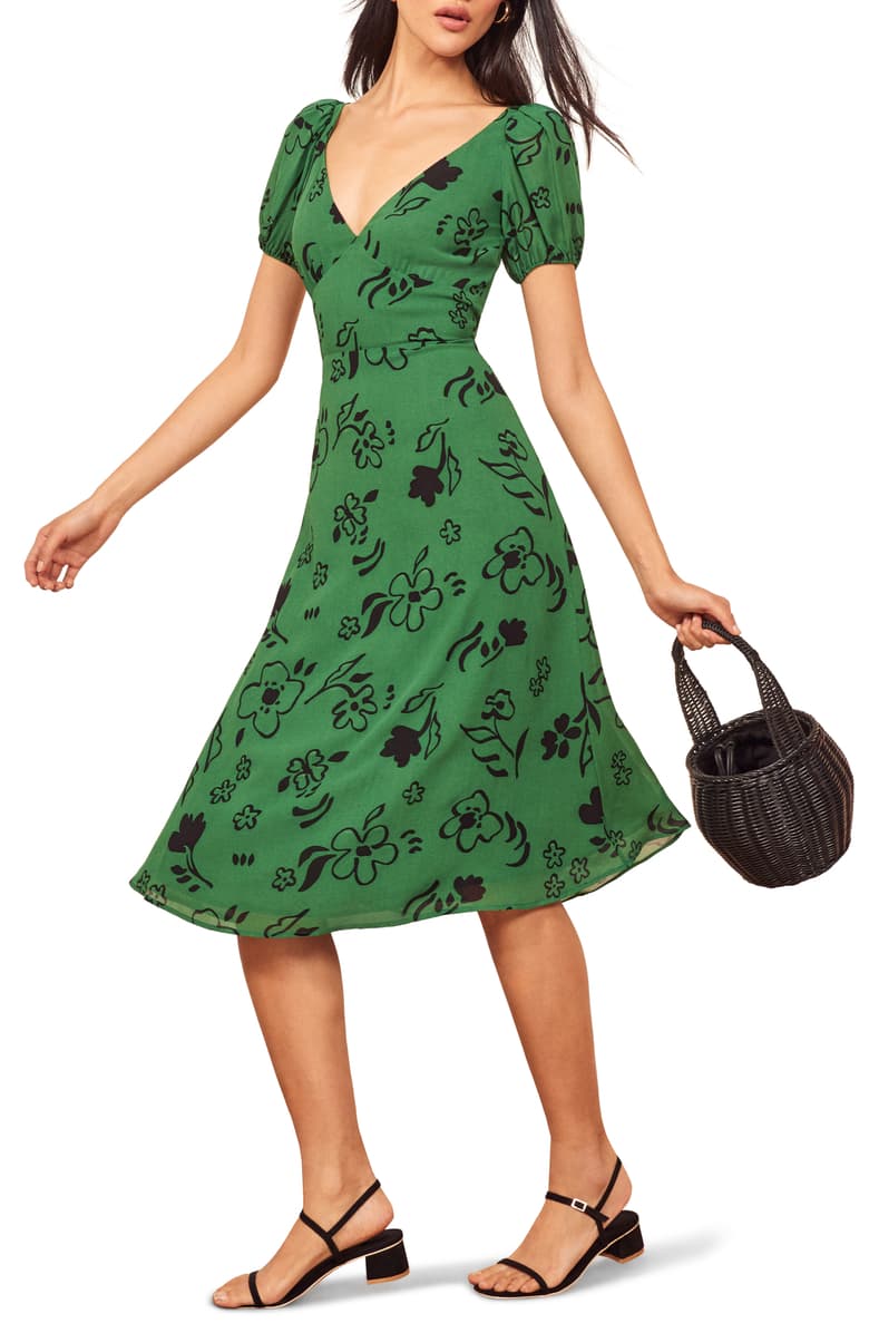 green and black printed midid dress from reformation