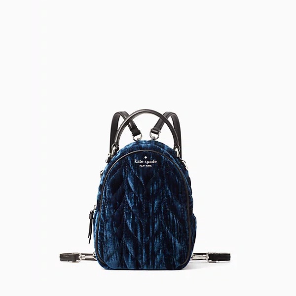 kate spade backpack in blue crushed velvet