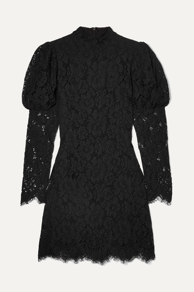 ganni black lace mini dress puff sleeves