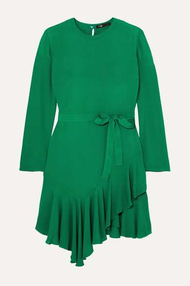 maje belted ruffled green mini dress