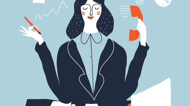 Illustration of a busy woman at a desk in an office