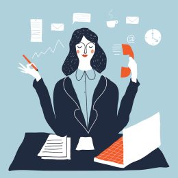 Illustration of a busy woman at a desk in an office