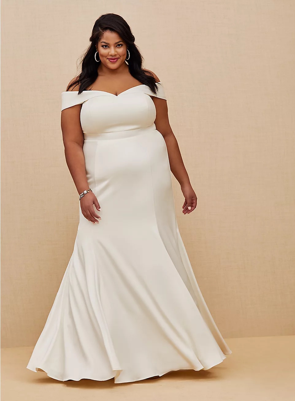 torrid wedding dress, plus size, off the shoulder, in white satin