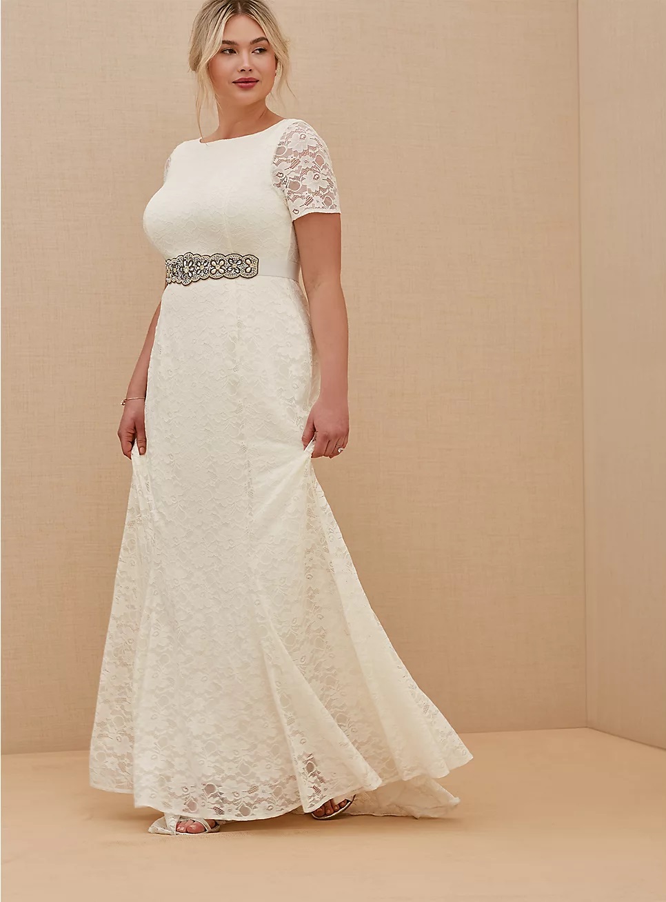 torrid wedding dress plus size in white lace, short sleeve
