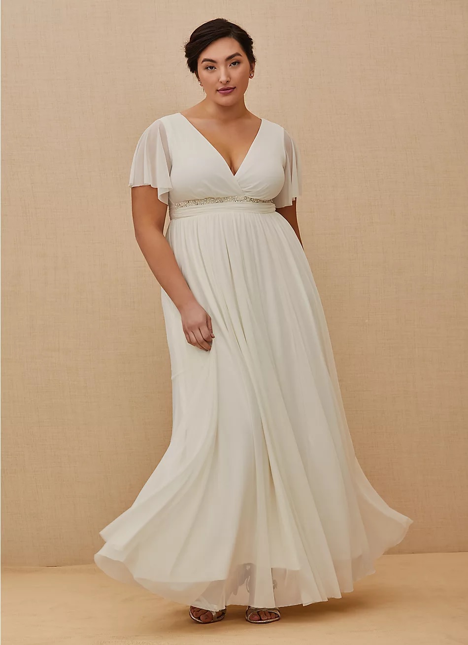 torrid wedding dress in white with empire waist