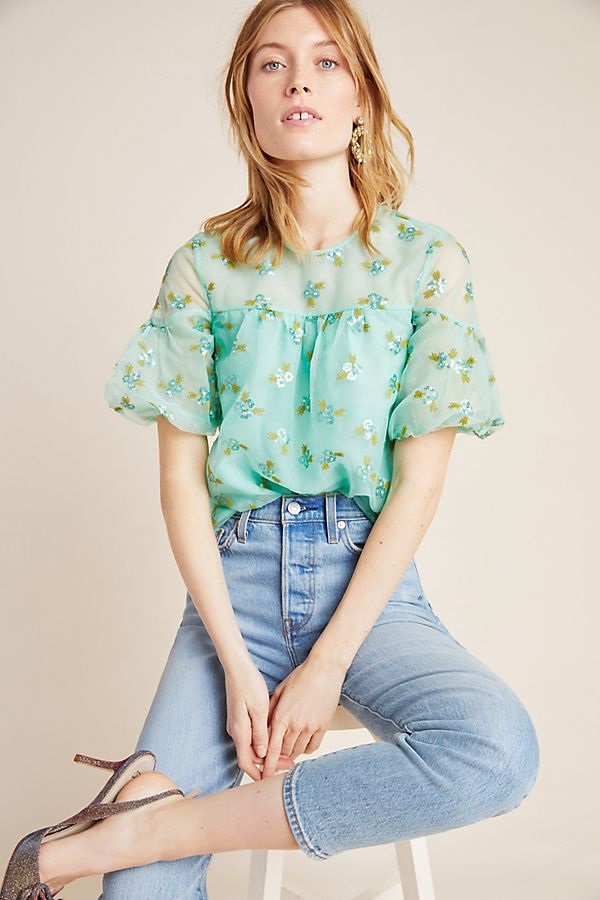 anthropologie sale on mint green beaded blouse with puff sleeves