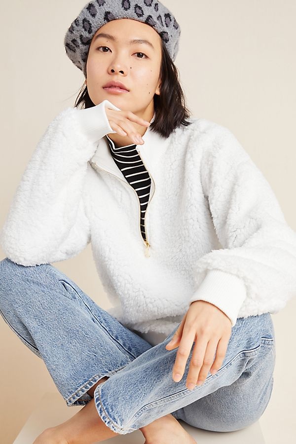anthropologie sale on white sherpa pullover sweatshirt with zipper