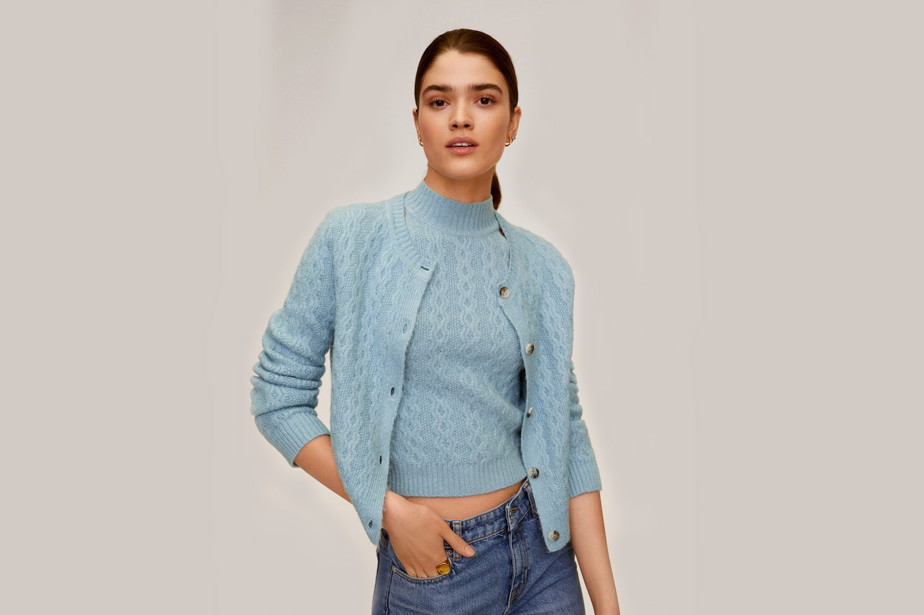 blue cardigan spring sweater set mango