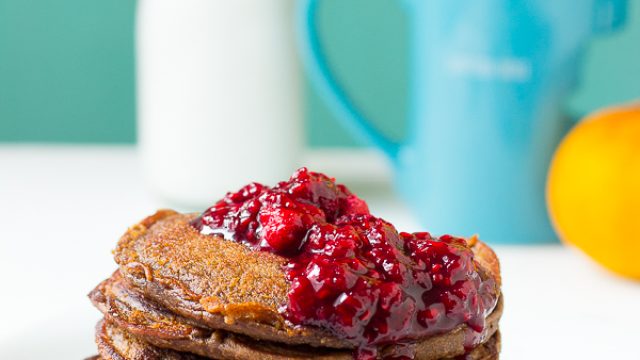 These-Chocolate-Peanut-Butter-pancakes-are-made-in-a-blender-and-in-just-30-minutes-Its-gluten-free-vegan-and-topped-with-a-delicious-raspberry-compote-3