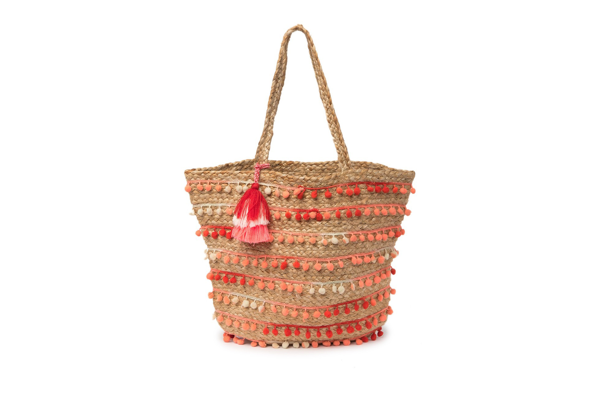 coral straw pom pom bag straw bag
