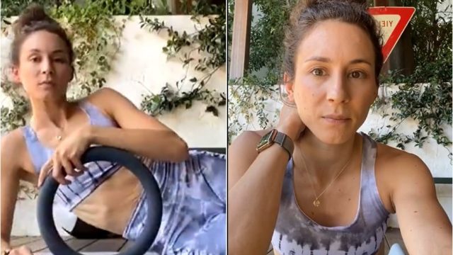 troian bellisario matching tie-dye leggings and sports bra from onzie
