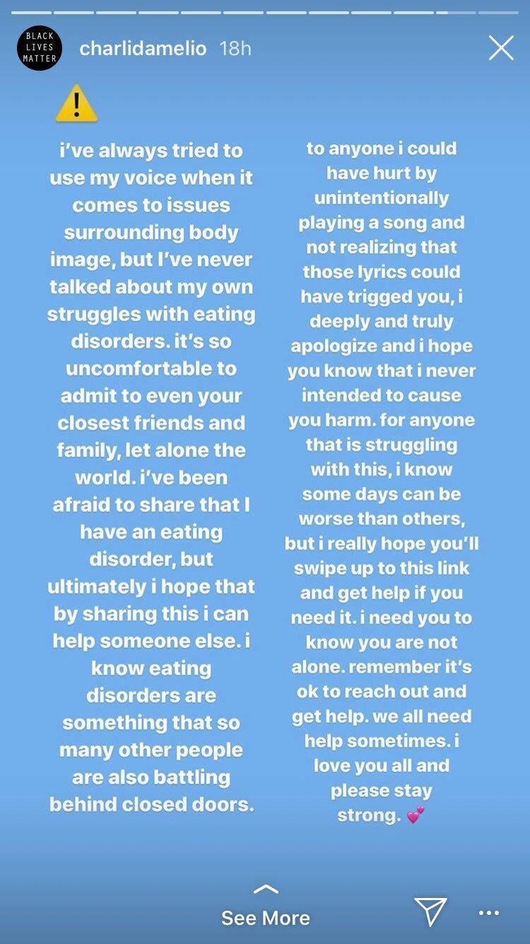 charli d'amelio instagram story eating disorder