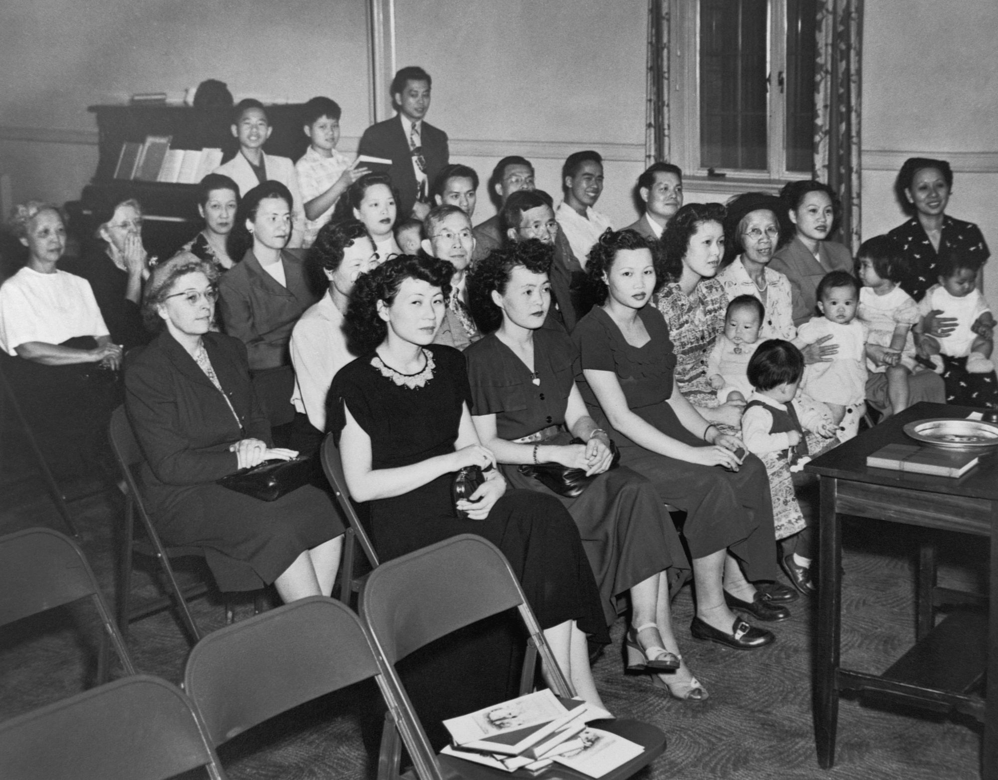 The wives of Chinese-American servicemen, who came to America as war brides after World War II, attend a Chinese-language Sunday school class at Westminster Presbyterian Church in Minneapolis in 1950.