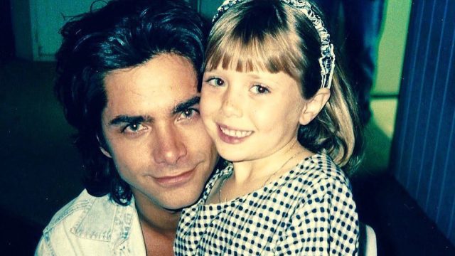 John Stamos and Elizabeth Olsen on Full House set