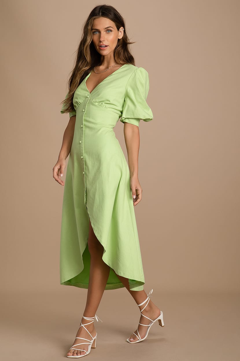 green midi puff sleeve dress