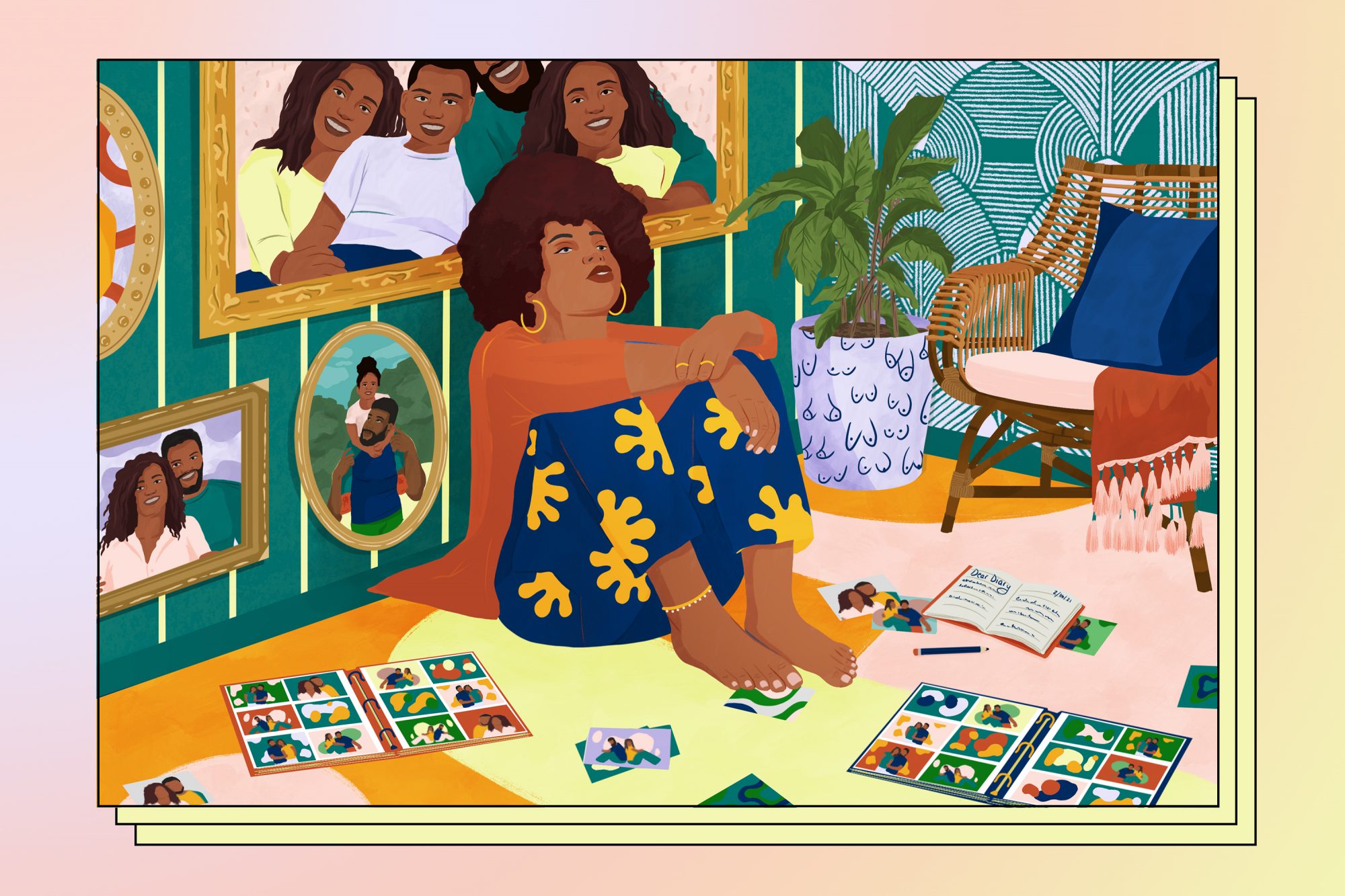 Graphic of woman sitting with family photos