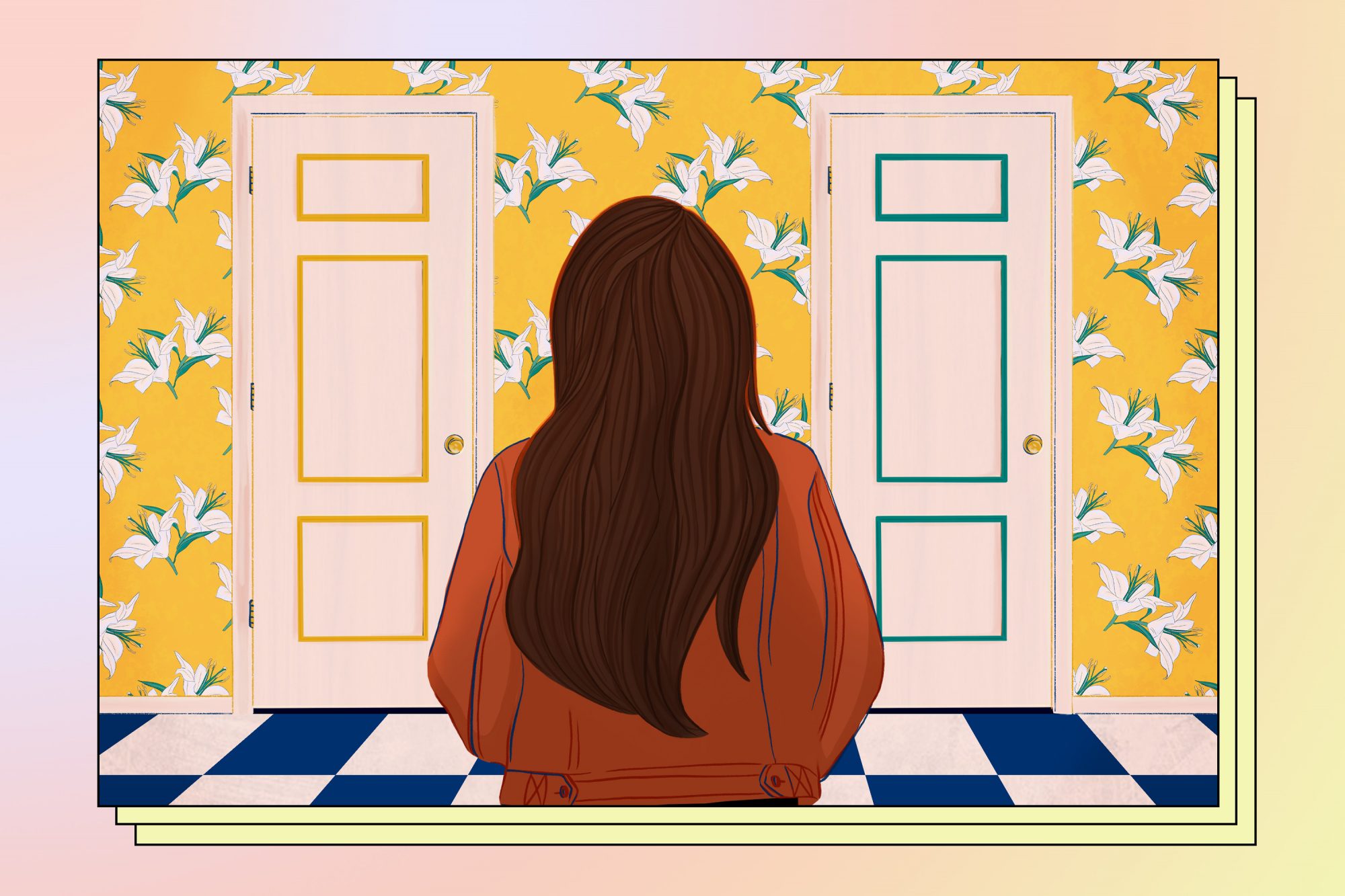 Graphic of woman looking at two doors